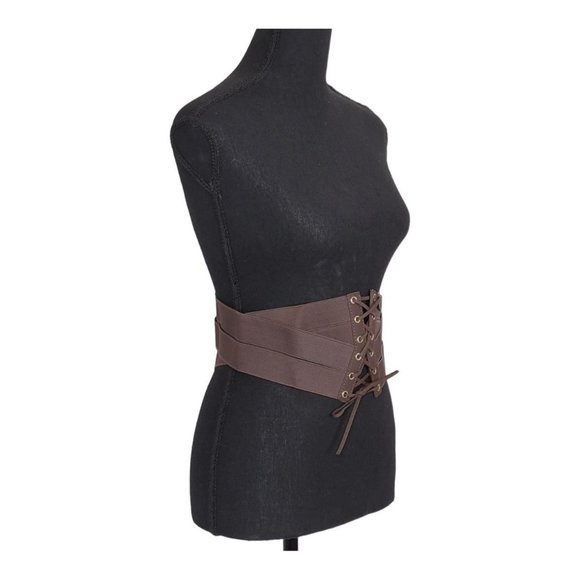 Women's Wide LCF Corset Cinch Lace-Up Brown Belt - Picture 2 of 4